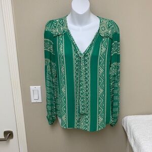 NEW! Hale Bob Long Sleeve Blouse Boho Green Geometric Tile Print Size XS